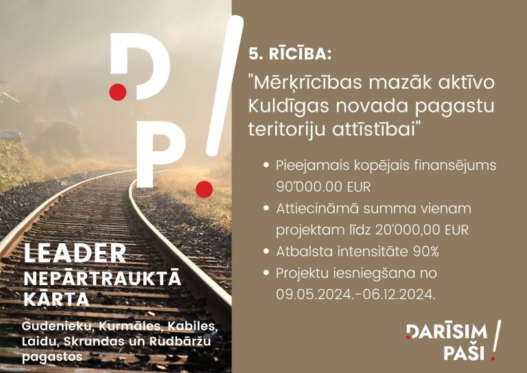 Biedrība „Darīsim paši!” izsludina projektu pieteikumu konkursu NEPĀRTRAUKTO kārtu (R5 – “Mērķrīcības mazāk aktīvo Kuldīgas novada pagastu teritoriju attīstībai”)